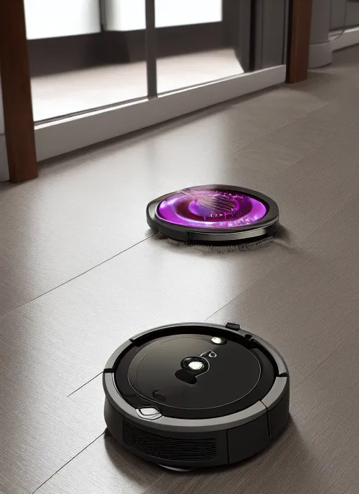 Image similar to A Roomba with a four robot spider legs, 3D Product, professional render, studio quality, octane render