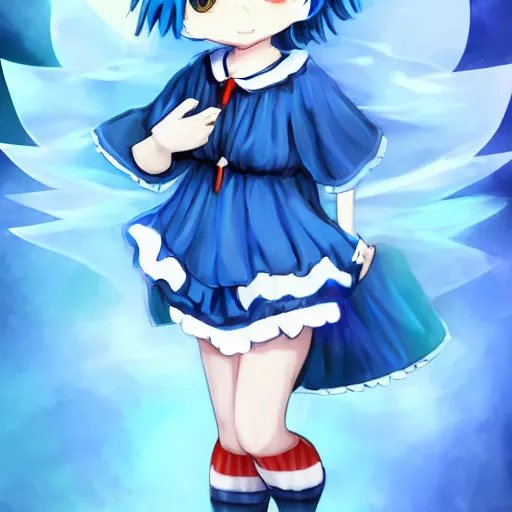 Prompt: touhou, cirno, short blue hair, digital art, trending on artstation, trending on pixiv, blue clothing