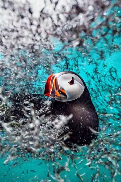 Prompt: beautiful photo of a puffin swimming amongst seaweed underwater in clear water