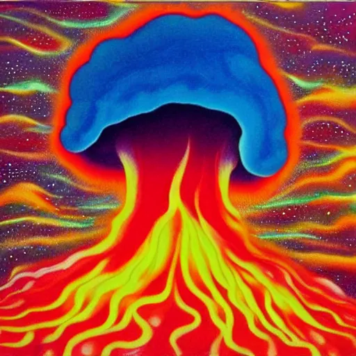 Image similar to 8 0 s new age album cover depicting a mushroom cloud in the shape of guy fieri, very peaceful mood, oil on canvas by georgia o'keefe