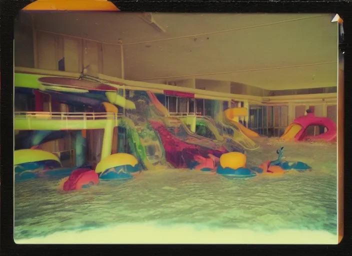 Image similar to polaroid photo of an abandoned colorful indoor water park with strange creatures lurking