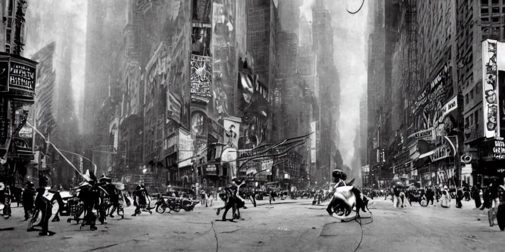 Image similar to old black and white photo, 1 9 1 3, depicting a xenomorph from the movie aliens rampaging through the bustling streets of new york city, historical record