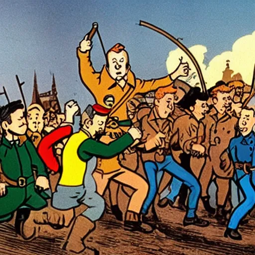 Prompt: Tintin and other revolutionaries on the barricades of Paris in 1848, The Adventures of Tintin, by Hergé, 8k