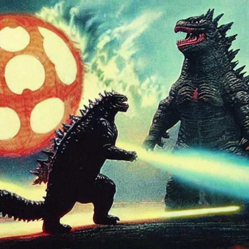 Prompt: godzilla throwing a death star anime style