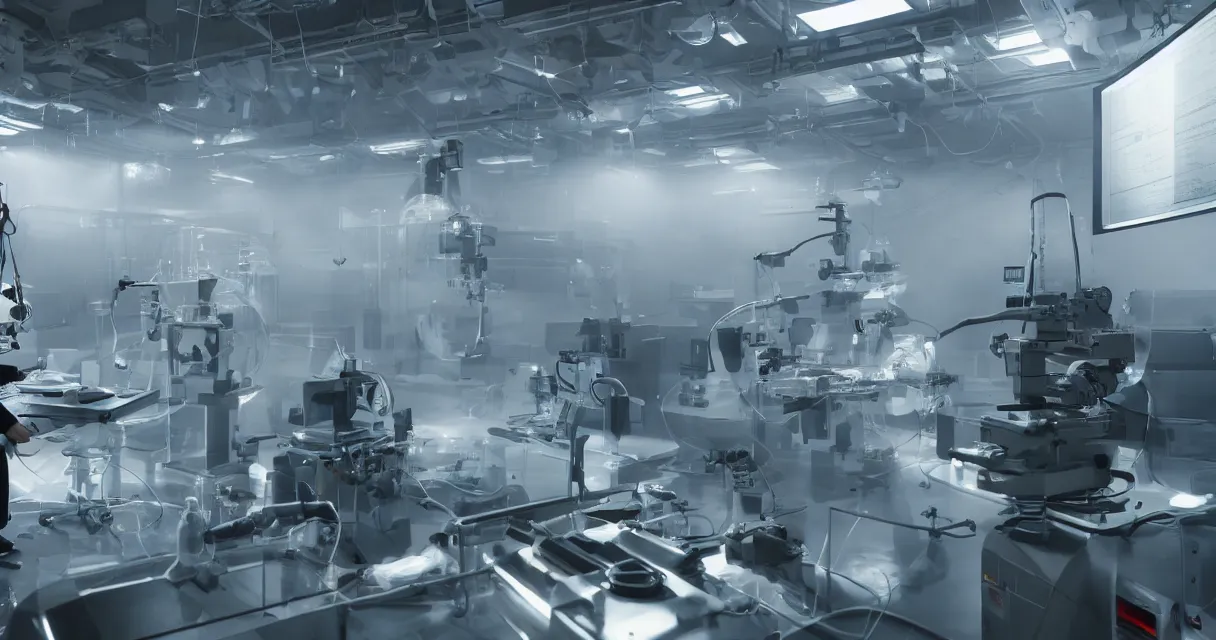 Prompt: scientist carefully observing top secret organism, in the hightech laboratory full of different advanced metal equipments like holographic tomograph, quantum sensor resonator, laser atomic microscope, electronic machines and military scientific parts, very high details, volumetric fog, raytracing, back light, raymarching, by ilm, by digital domain, by weta digital