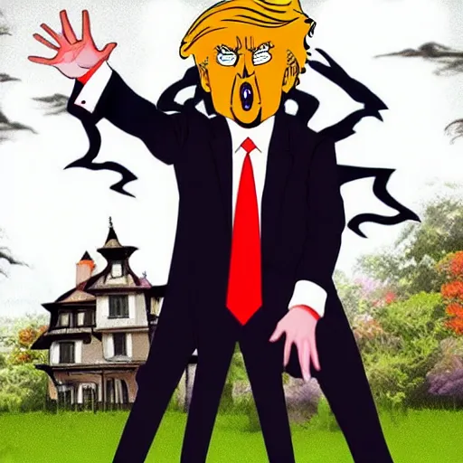 Image similar to anime donald trump villain posing in front of a spooky house