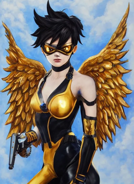 Prompt: full body oil painting of tracer overwatch, angel wings, dramatic painting, symmetrical composition, wearing gold detailed choker, golden cuffs, black shiny armor, detailed face and eyes,