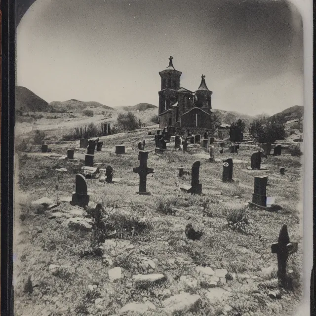 Image similar to graveyard with a monastery, polaroid