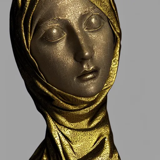 Prompt: a masterpiece marble sculpture of the veiled virgin, subsurface cracks, !dramatic !face, !female, covered in intricate !detailed golden !!streaked veil , physically based rendering, photo realistic, top light , dark background by Dan Hillier