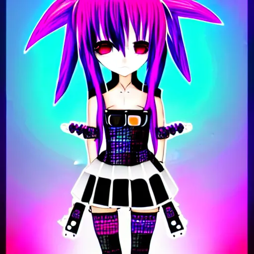 Prompt: maximalist emo anime girl, cybergoth, rainbowcore, vhs monster high, glitchcore witchcore, checkered spiked hair, pixiv