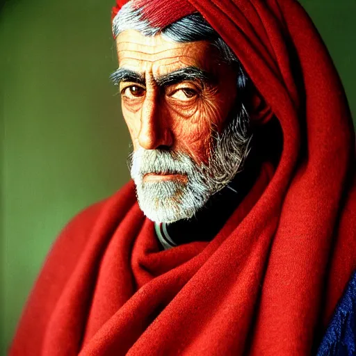 Image similar to portrait of president woodrow wilson as afghan man, green eyes and red scarf looking intently, photograph by steve mccurry