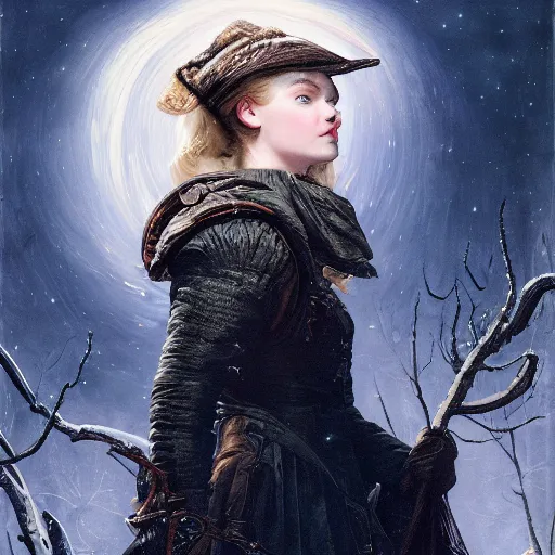 Image similar to leyendecker and peter paul rubens, head and shoulders portrait of a elle fanning in bloodborne, nighttime, starry sky, unreal engine, fantasy art by global illumination, radiant light, detailed and intricate environment