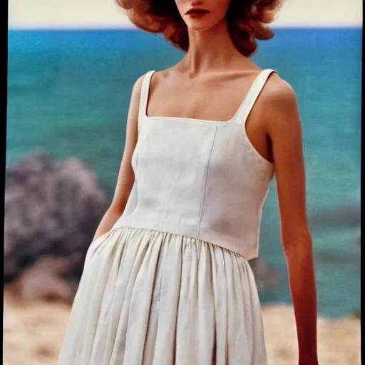 Prompt: 1 9 8 5 italia vogue magazine photo of a dress with cotton set, christian dior style, mediterranean beach background