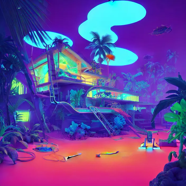 Image similar to a bioluminescent neon tropical cottage by paolo eleuteri serpieri and tomer hanuka and chesley bonestell and daniel merriam and tomokazu matsuyama, unreal engine, high resolution render, featured on artstation, octane, 8 k, highly intricate details, vivid colors, vector illustration