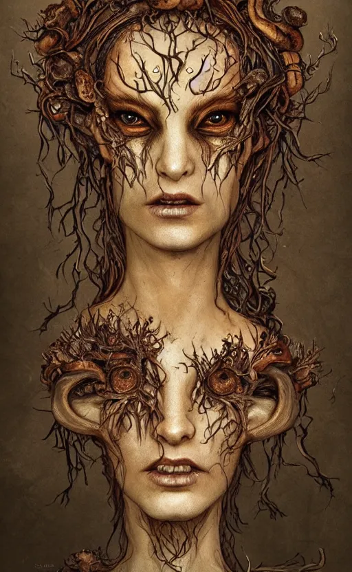 Image similar to portrait of a rotten tree spirit dryad with a beautiful face and flaming mouth and eyes, intricate, headshot, mushrooms, fungi, lichen, sketch lines, graphite texture, old parchment, guillermo del toro concept art, justin gerard monsters, intricate ink illustration, artstation