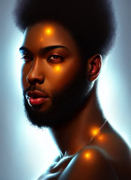 Image similar to photographic portrait of an handsome young black man with an afro, glowing lights intricate, elegant, highly detailed, digital painting, artstation, concept art, smooth, sharp focus, illustration, art by artgerm and greg rutkowski