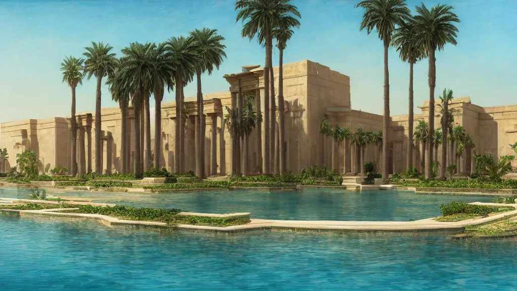 Prompt: an oil painting of the front of a new egyptian palace, with a small pool in front, exterior view, close - up, mid - day, palm trees and lush vegetation, hieroglyphs on the buildings, ray - traced reflections of the buildings and trees in the water