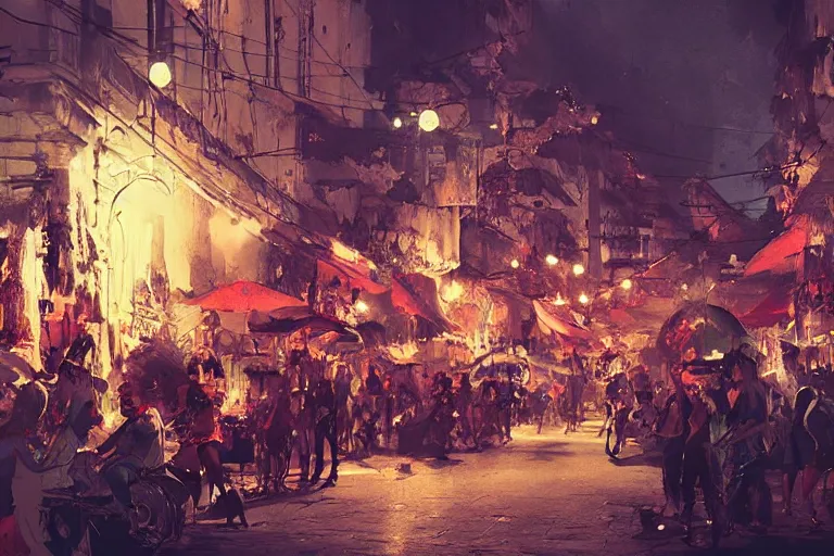 Image similar to street carnival salvador bahia, street party , cinematic lighting, dramatic atmosphere, by Dustin Nguyen, Akihiko Yoshida, Greg Tocchini, Greg Rutkowski, Cliff Chiang, 4k resolution, trending on artstation