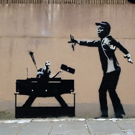 Prompt: a banksy street art depicting a disc jockey using two turntable, highly detailed