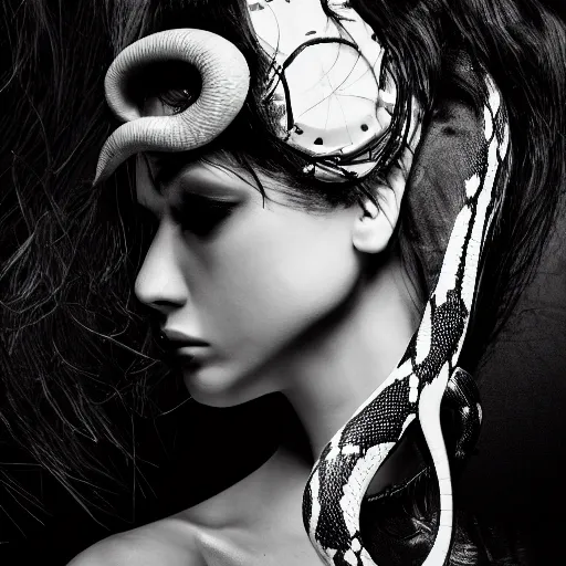 Prompt: fashion photography of a model with the head of a snake, wearing futuristic hiphop fashion, inside berghain, futuristic fashion, photo 3 5 mm leica, hyperdetail, 8 k, very detailed, black and white