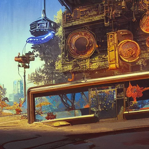 Prompt: painting of syd mead artlilery scifi fish tank with ornate metal work lands on a sidewalk, filigree ornaments, volumetric lights, simon stalenhag, beksinski