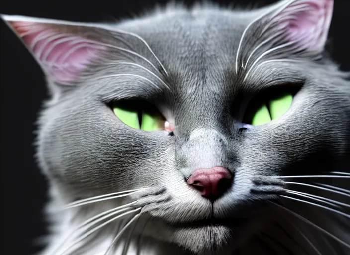 Image similar to hyperrealism, detailed textures, photorealistic 3 d render, a beautiful grey coloured cat with medium hair length, one million lave rivers, sharp focus, ultra realistic, ultra high pixel detail, cinematic, intricate, cinematic light, concept art, illustration, art station, unreal engine 8 k