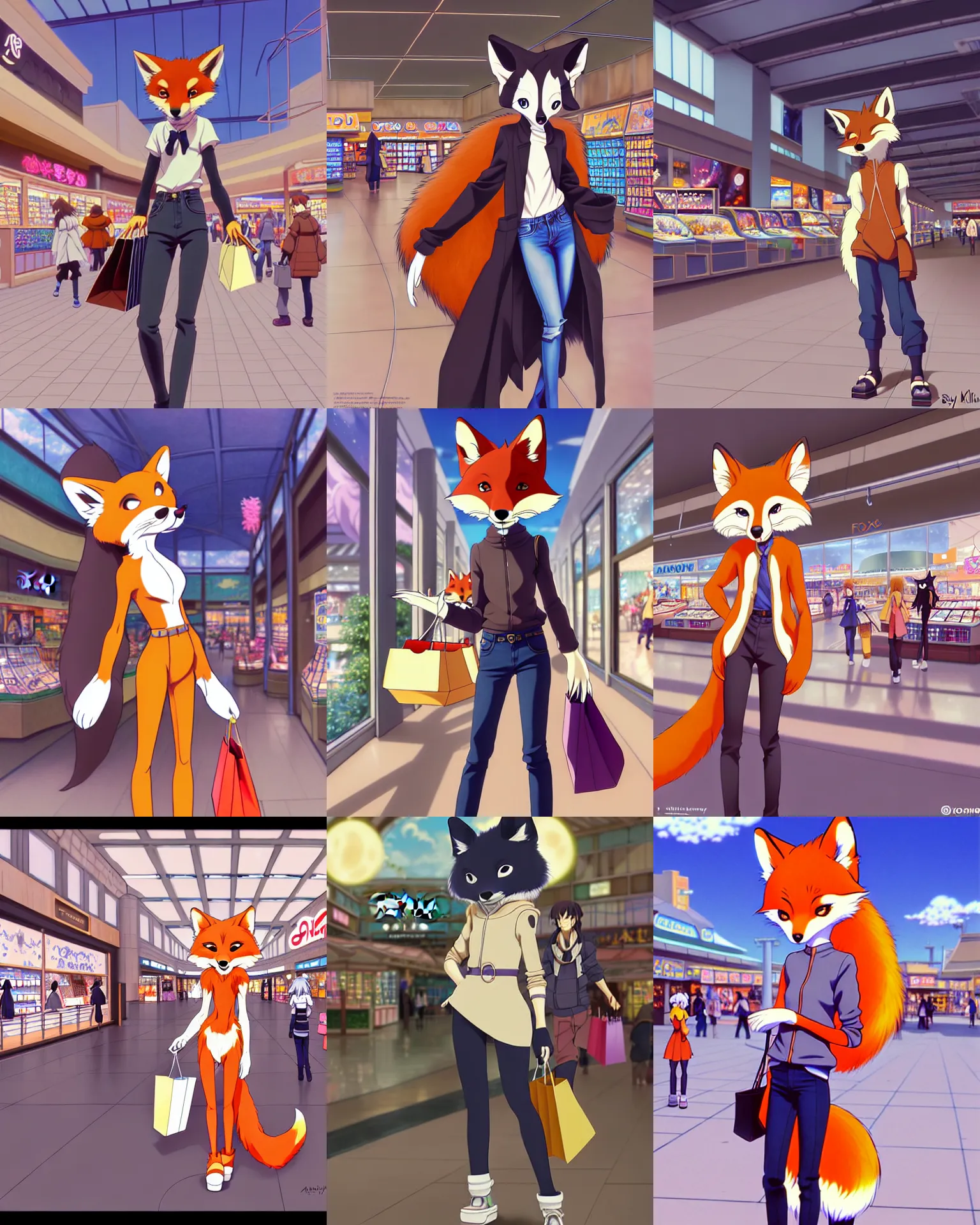 Image similar to anthro art commission of a cute stylish anthropomorphic natural furry fox person shopping at a futuristic mall, photorealistic, detailed key anime art, makoto shinkai, james gurney, don bluth!!, disney!!, hibbary!!, dark natasha, goldenwolf, furaffinity, fursona, greg rutkowski