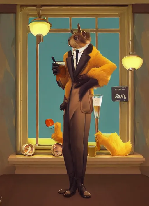 Image similar to squirrel anthro as a dapper bartender with a big, fluffy tail, retro futurism, art deco, detailed, painterly digital art by WLOP and Cory Loftis and Maxfield Parrish, 🐿🍸🍋, furaffinity, trending on artstation