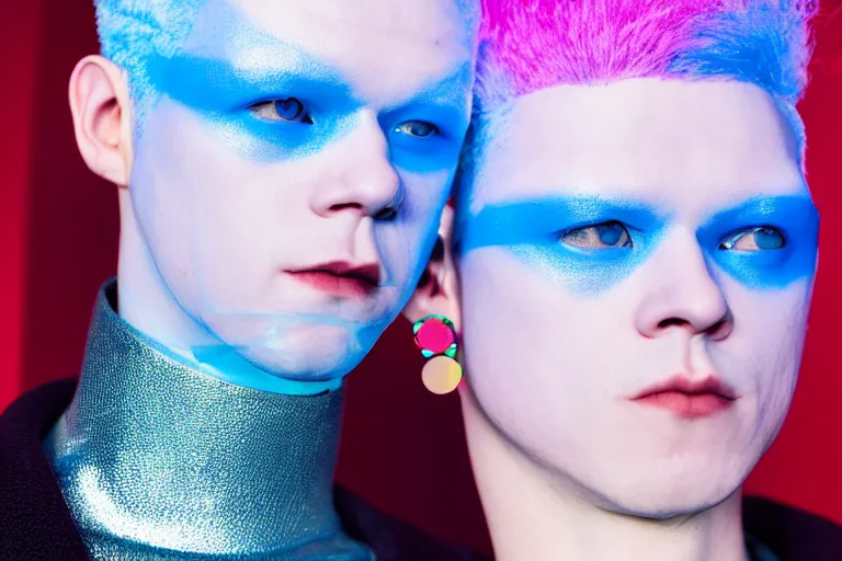 Prompt: a close - up risograph of cyberpunk albinism model men wearing lots of transparent and cellophane accessories, light blue colors, huge earrings and queer make up, blue hour, twilight, cool, portrait, crispy, full - shot, blue sky, kodachrome, photo by mayumi hosokura, style by moebius