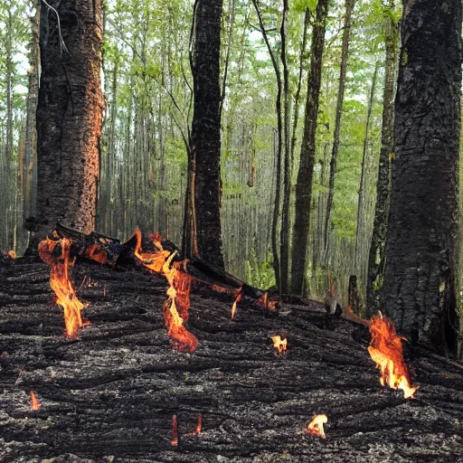 Prompt: text reading burn in the forest with trees growing out of it