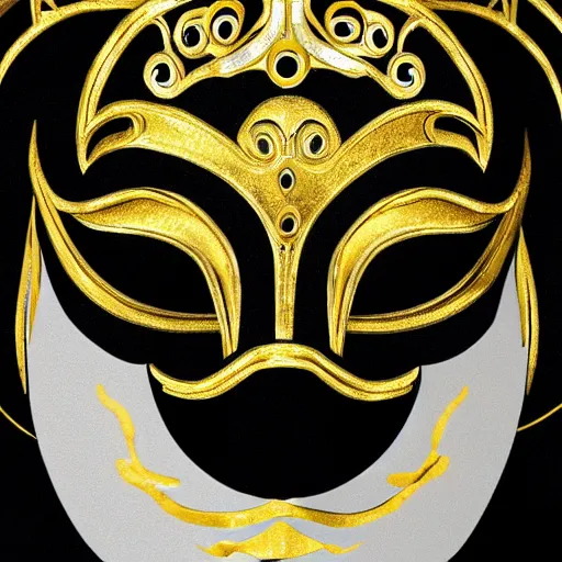 Image similar to a white - and - gold venetian mask emerging from thick black paint, digital art