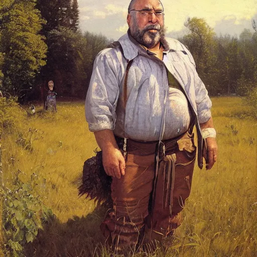 Image similar to Gary Gygax Gary Gygax plays dungeons and dragons in the middle of a field, game dungeons and dragons, Rye (Shishkin), painting by Ivan Shishkin, Ernest Gary Gygax face, photo by Gary Gygax, painting by Valentin Serov, oil painting, hyperrealism, beautiful, high resolution,