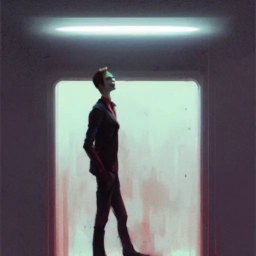 Image similar to concept art by greg rutkowski, very tall and thin young man, standing drinking a coffee looking out a large rectangular window inside a futuristic office, reddish exterior lighting, scifi, highly detailed portrait, digital painting, artstation, concept art, smooth, sharp foccus ilustration, artstation hq