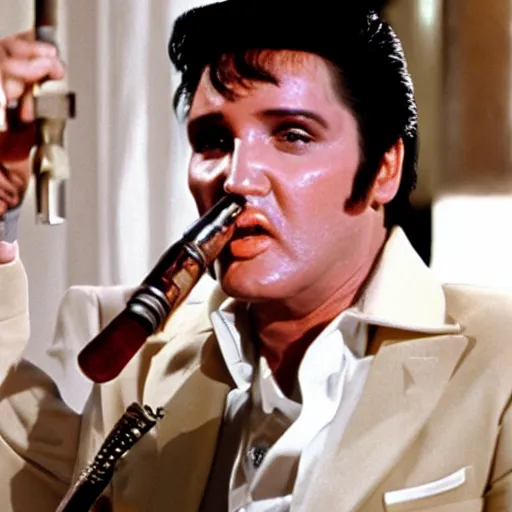 Prompt: elvis as tony montana in scarface with a tommy gun