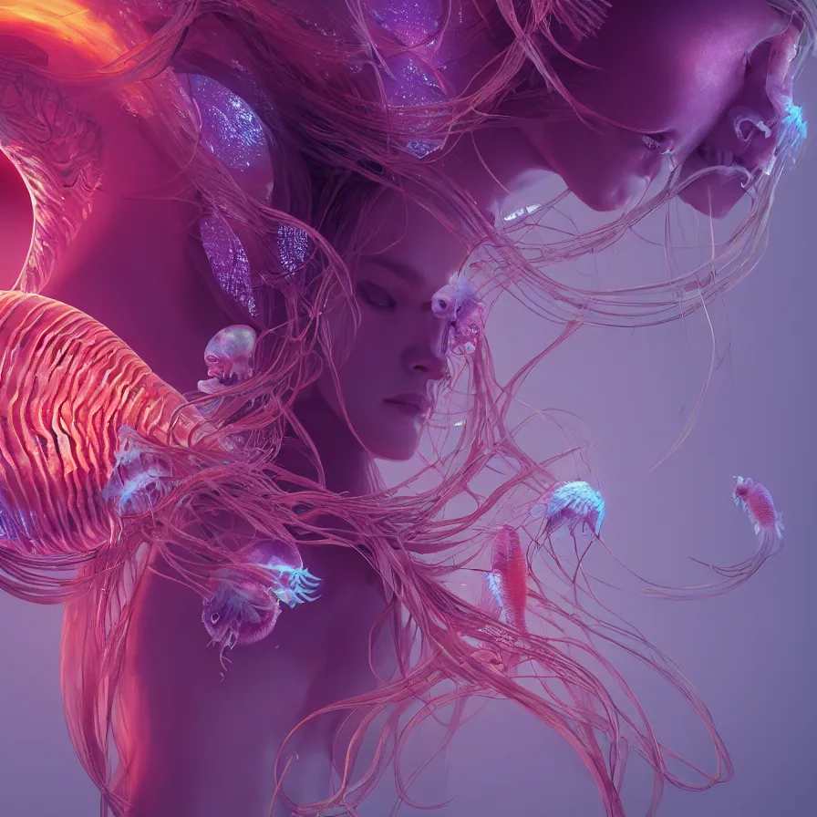 Image similar to goddess close-up portrait. orchid jellyfish phoenix head, nautilus, skull, betta fish, bioluminiscent creatures, intricate artwork by Tooth Wu and wlop and beeple. octane render, trending on artstation, greg rutkowski very coherent symmetrical artwork. cinematic, hyper realism, high detail, octane render, 8k