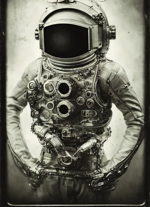 Image similar to old wetplate daguerreotype portrait of a futuristic silver armored space astronaut cyborg, fractal, intricate, elegant, highly detailed, parallax, leica, medium format, subsurface scattering, by jheronimus bosch and greg rutkowski and louis jacques mande daguerre