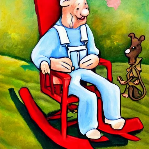 Image similar to a painting of grandpa rat wearing overalls on a rocking chair, telling stories, cute and wonderful vivid painting