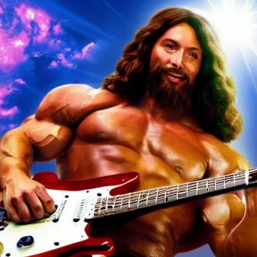Prompt: a photo Jesus Christ with big muscles playing electric guitar in heaven