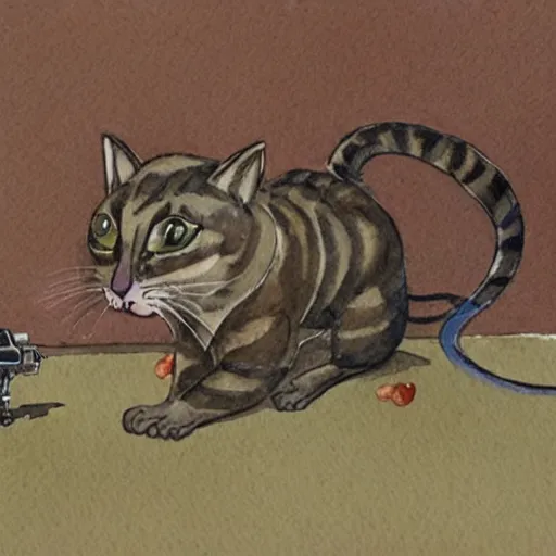 Image similar to an anthropomorphic cat using a sniper rifle to hunt a mouse. watercolor.