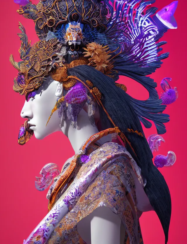 Image similar to 3 d goddess in robe close - up profile portrait with ram skull. beautiful intricately detailed japanese crow kitsune mask and clasical japanese kimono. betta fish, jellyfish phoenix, bio luminescent, plasma, ice, water, wind, creature, artwork by tooth wu and wlop and beeple and greg rutkowski