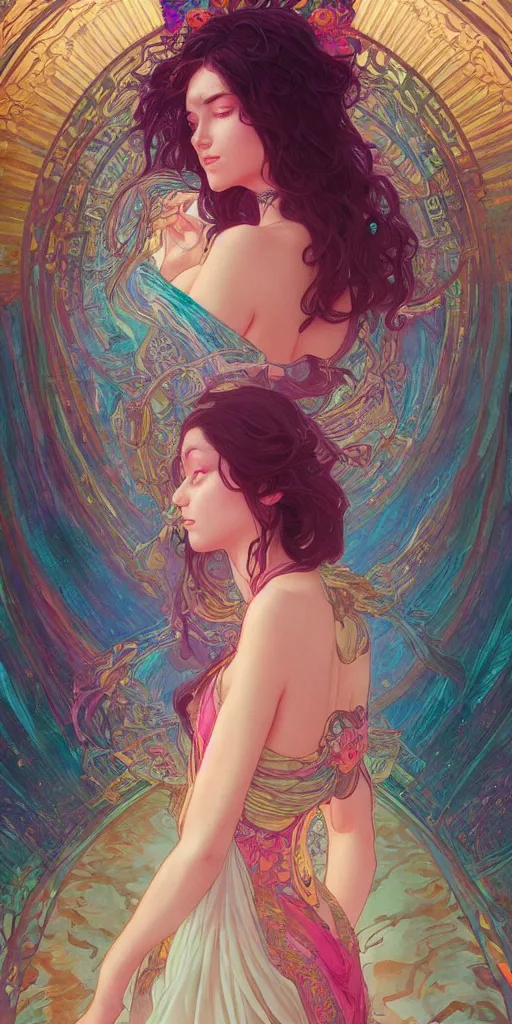 Image similar to beautiful, young woman, sad eyes, tears running down, vaporwave aesthetic, synthwave, colorful, psychedelic, long gown, ornate, intricate, digital painting, artstation, concept art, smooth, sharp focus, illustration, art by artgerm and greg rutkowski and alphonse mucha