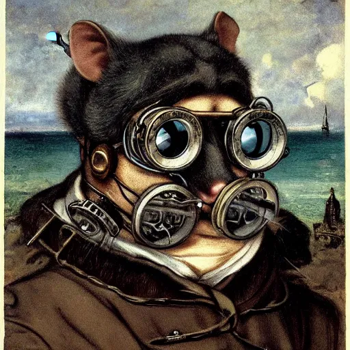 Prompt: a rat with steampunk googles, by GUSTAVE COURBET