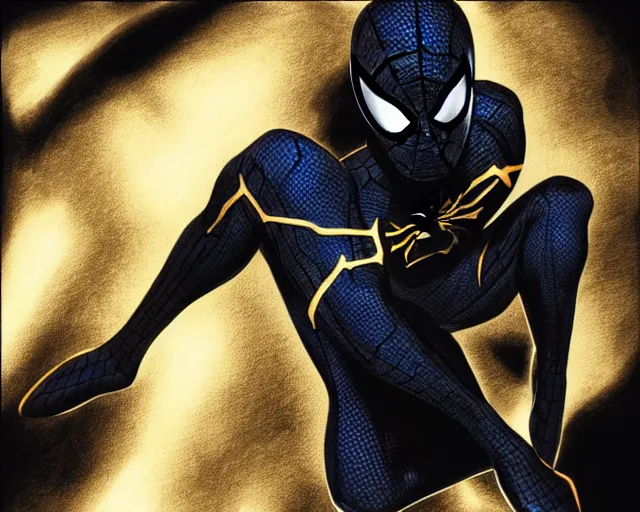 Image similar to photorealistic sketch of black spider - man with gold webbing