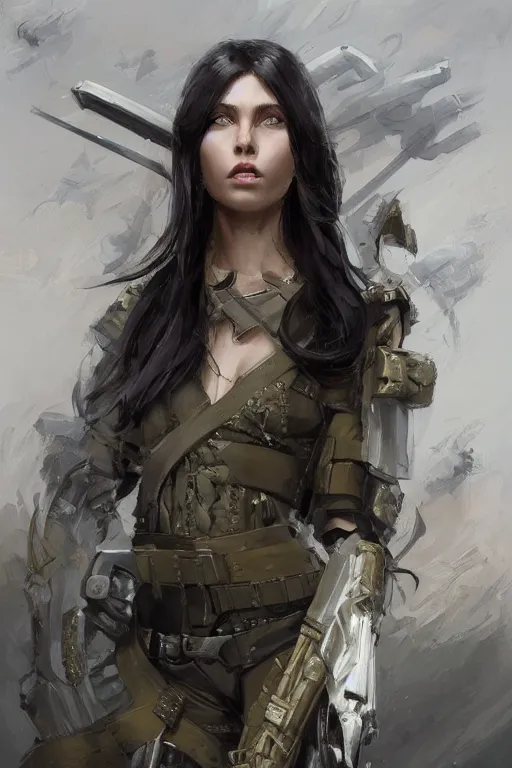 Image similar to a professionally painted portrait of an attractive young woman, clothed in military armor, olive skin, long dark hair, beautiful bone structure, symmetrical facial features, intricate, elegant, digital painting, trending on Artstation, concept art, smooth, sharp focus, illustration, from Metal Gear by Ruan Jia and Mandy Jurgens and Artgerm and William-Adolphe Bouguerea, award winning