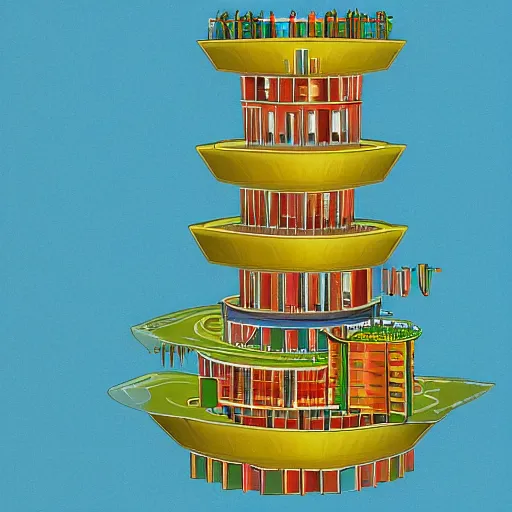 Image similar to a simplified, stylized version of the Tower of Babel, colorful