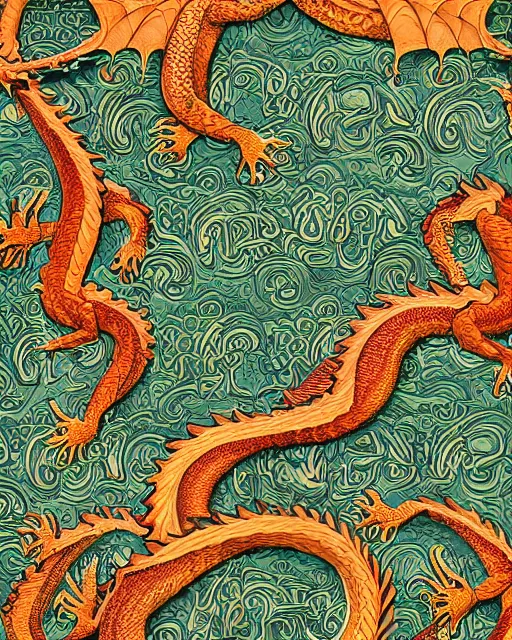 Image similar to an ornate dragon dancing repeating versace pattern, digital art, illustrated by james gurney and victo ngai