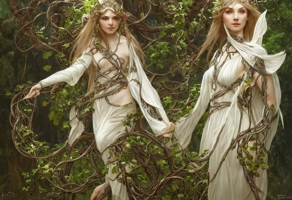 Image similar to a beautiful elven druid, clad in vines, riding a white wyvern, intricate, sharp focus, illustration, highly detailed, digital painting, concept art, matte, art by wlop and artgerm and greg rutkowski and alphonse mucha, masterpiece