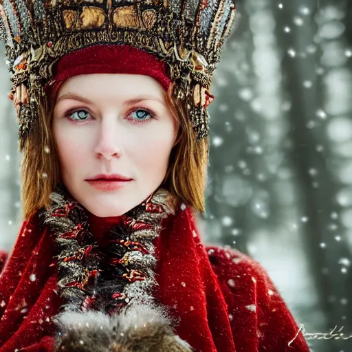 Prompt: portrait photograph of a very beautiful nordic queen with ornate cloak, highly detailed, award-winning photo, bokeh, graflex camera, super resolution