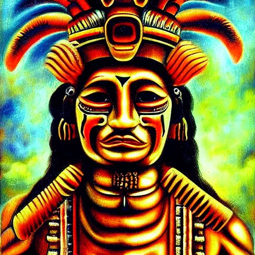 Prompt: disturbing grunge image of a brutal mayan deity. horror airbrush art, by auguste renoir