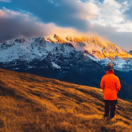 Prompt: a man with an orange jacket facing a snowy alpine mountain range